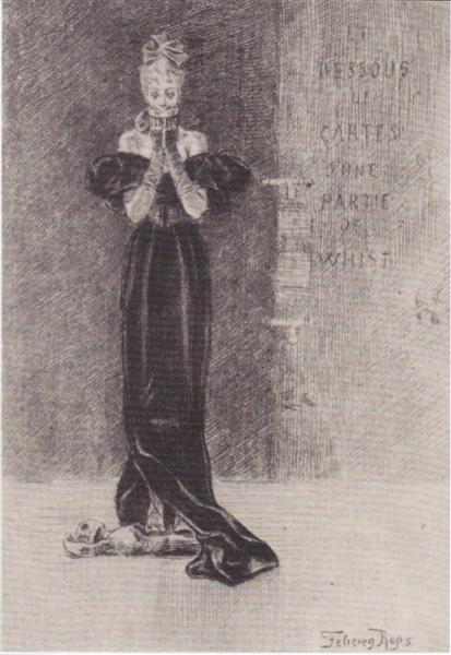 &#39;The Hidden Side of a Whist Party&#39;, illustration from &#39;Les Diaboliques&#39; by Jules Amedee Barbey d&#39;Aurevilly (1808-89) 1886 (engraving) (b/w photo) by Felicien Rops Symbolism Art dated 1886