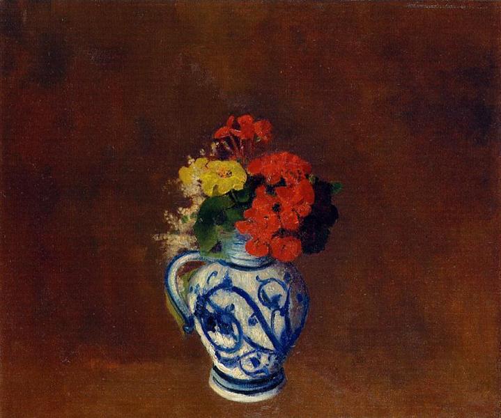 Geraniums and other Flowers in a Stoneware Vase by Odilon Redon Realism Art