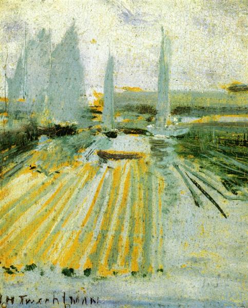 Fog and Small Sailboats by John Henry Twachtman Tonalism Art dated 1900