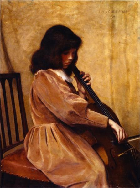 Girl Playing a Cello by Lilla Cabot Perry Impressionism Art dated 1891