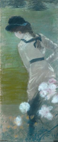 Lady with her back turned in the garden by Giuseppe De Nittis Impressionism Art dated 1883