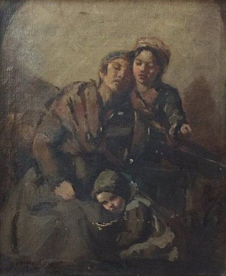 Mother and her Children, holding him a hurdy gurdy by Alexandre Antigna Naturalism Art