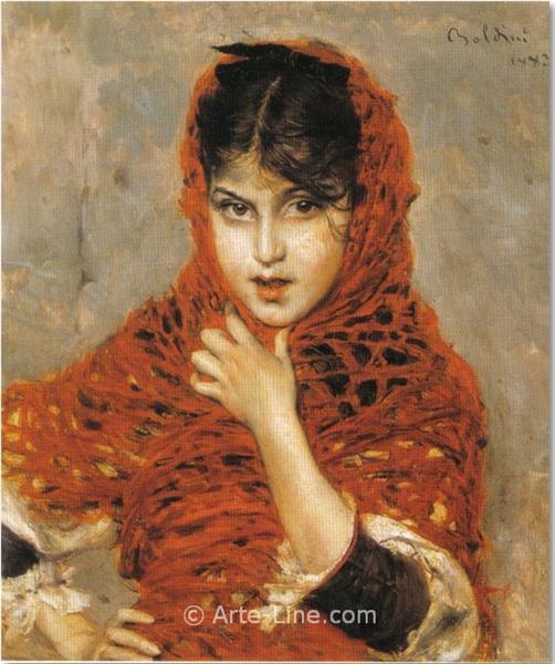 Girl with the red shawl by Giovanni Boldini Realism Art dated 1883