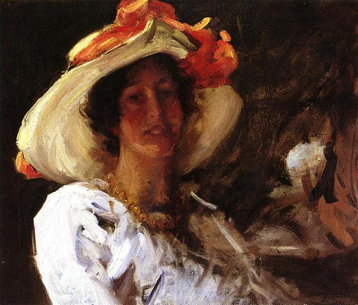 Portrait of Clara Stephens Wearing a Hat with an Orange Ribbon by William Merritt Chase Impressionism Art dated 1913