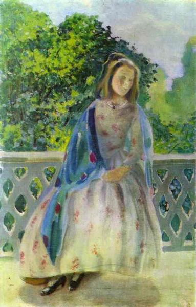 Young Girl on the Balcony by Victor Borisov-Musatov Impressionism Art dated 1900