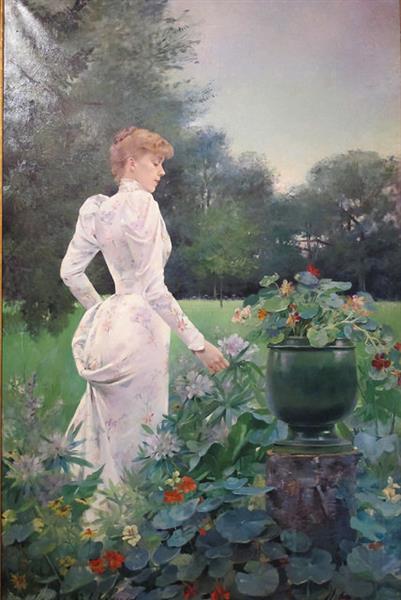 In the Flowers by Louise Abb&#233;ma Impressionism Art dated 1892