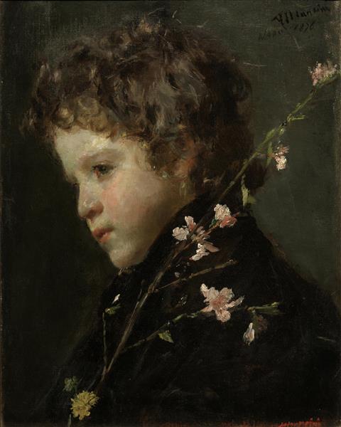 Almond Blossoms by Antonio Mancini Verism Art dated 1876