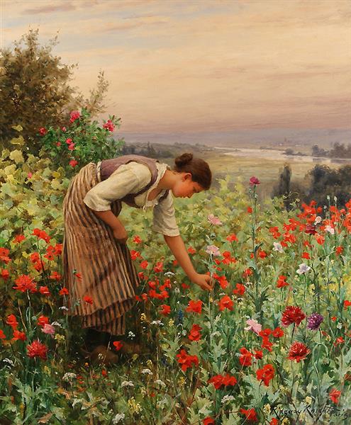 Girl Picking Poppies by Daniel Ridgway Knight Realism Art dated 1898