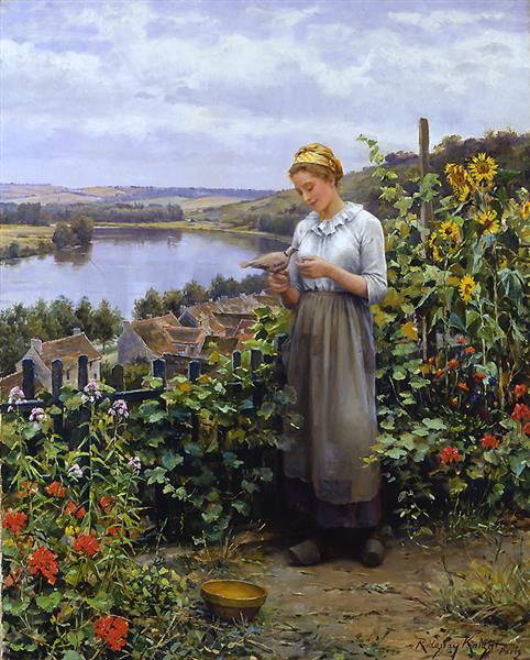 The Pet Dove by Daniel Ridgway Knight Realism Art dated 1895