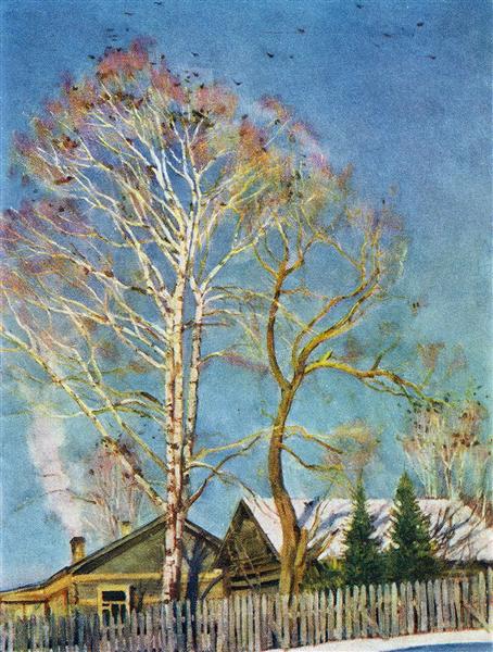 Blue morning. Rooks on the birches. Ligachevo by Konstantin Yuon Realism Art dated 1930