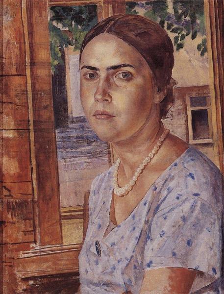 The girl at the window by Kuzma Petrov-Vodkin Symbolism Art dated 1928