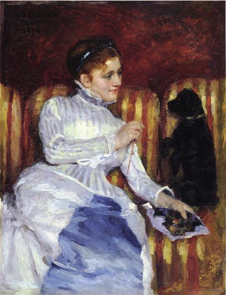 Woman on a Striped Sofa with a Dog by Mary Cassatt Impressionism Art dated 1875