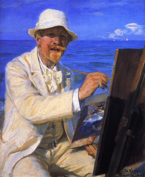 Self-Portrait, Sitting by His Easel at Skagen Beach by Peder Severin Kroyer Impressionism Art dated 1902