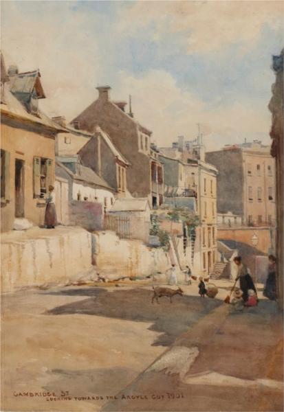 Cambridge St., looking towards the Argyle Cut by Julian Ashton Impressionism Art dated 1901