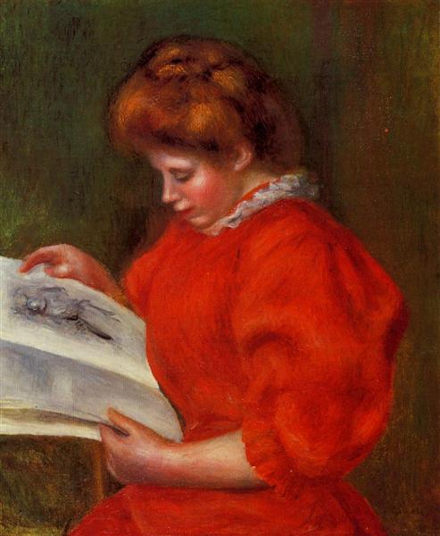 Young Woman Looking at a Print by Pierre-Auguste Renoir Impressionism Art dated 1896