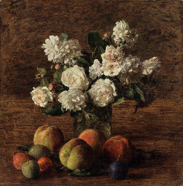 Still Life Roses and Fruit by Henri Fantin-Latour Realism Art dated 1878