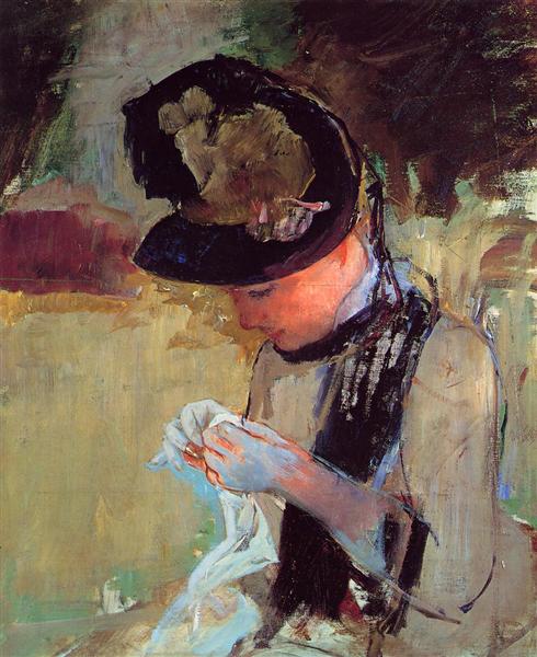 Young Woman Sewing in the Garden by Mary Cassatt Impressionism Art dated 1886