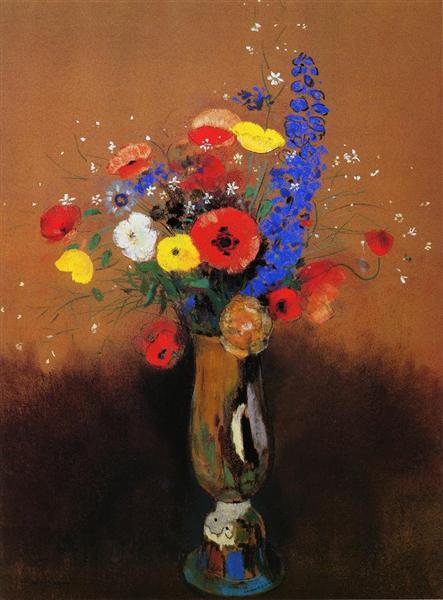 Wild flowers in a Long-necked Vase by Odilon Redon Realism Art dated 1912