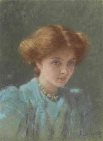 Blue and Gold: Portrait of Dorothy Sutherland by Jane Sutherland Impressionism Art dated 1908