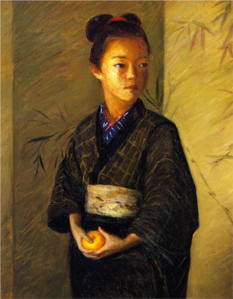 Portrait of a Young Girl with an Orange by Lilla Cabot Perry Impressionism Art dated 1901