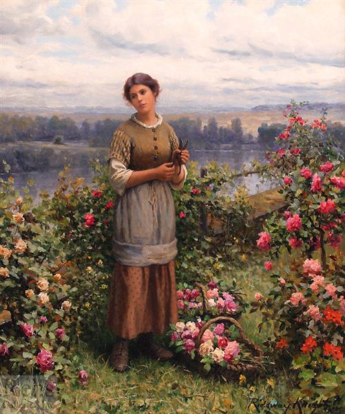 Julia Gathering Roses by Daniel Ridgway Knight Realism Art dated 1900