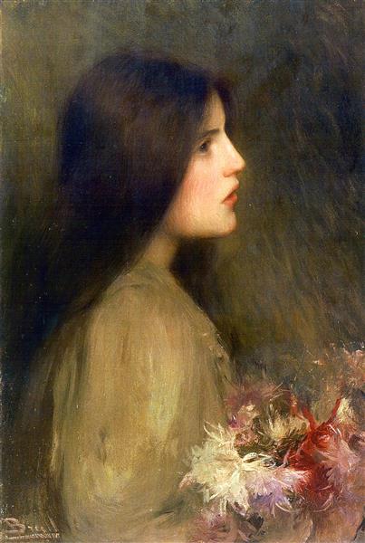 Girl with flowers by Joan Brull Art Nouveau (Modern) Art