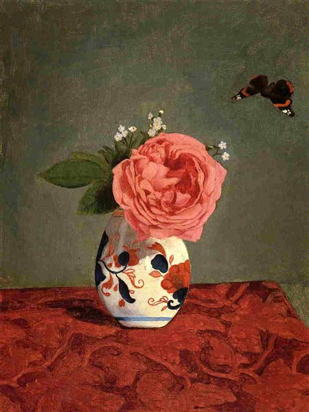 Garden Rose and Blue Forget Me Nots in a Vase by Gustave Caillebotte Impressionism Art dated 1878