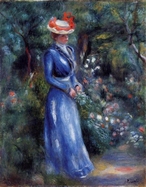 Woman in a Blue Dress, Standing in the Garden of Saint Cloud by Pierre-Auguste Renoir Impressionism Art dated 1899