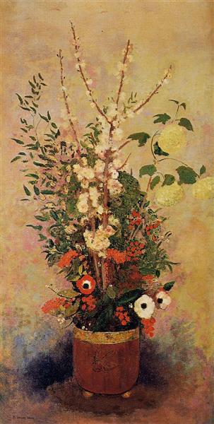 Vase of Flowers with Branches of a Flowering Apple Tree by Odilon Redon Realism Art dated 1906