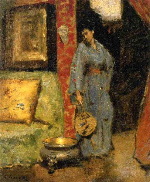 Woman in Kimono Holding a Japanese Fan by William Merritt Chase Japonism Art