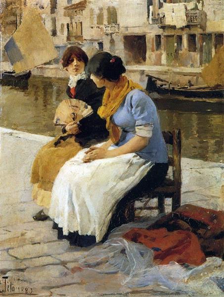 Chatting by Ettore Tito Realism Art dated 1883