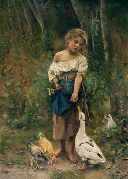 Girl with geese by Joan Brull Realism Art dated 1891