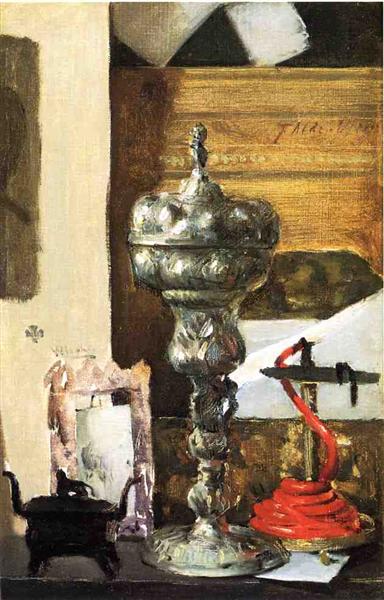 Silver Chalice, Japanese Bronze and Red Tapir by Julian Alden Weir Impressionism Art dated 1889