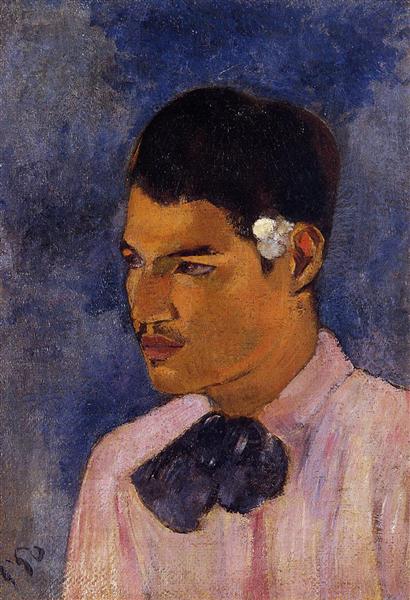 Young Man with a Flower Behind his Ear by Paul Gauguin Cloisonnism Art dated 1891