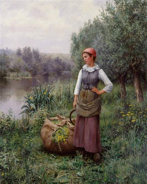 Girl by a stream, Flanders by Daniel Ridgway Knight Realism Art dated 1890