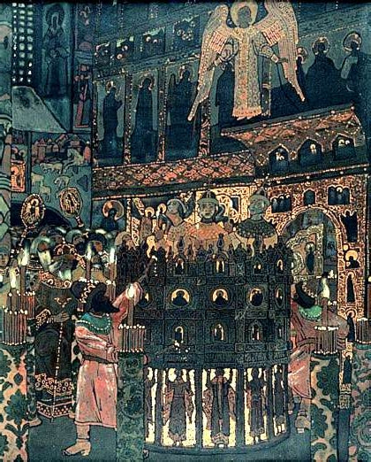 Costume devotion of Fiery Furnace before Christmas Liturgy in Russian Orthodox Church by Nicholas Roerich Art Nouveau (Modern) Art dated 1907