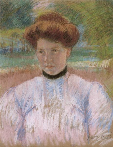 Young Woman with Auburn Hair in a Pink Blouse by Mary Cassatt Impressionism Art dated 1895