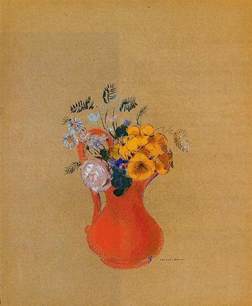 Flowers in a Red Pitcher by Odilon Redon Realism Art dated 1900