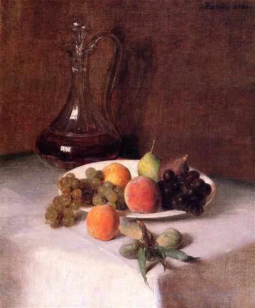 A Carafe of Wine and Plate of Fruit on a White Tablecloth by Henri Fantin-Latour Realism Art dated 1865