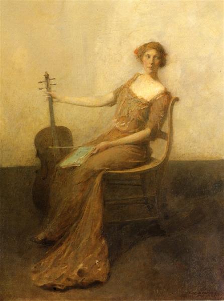 Young Woman with Violincello by Thomas Dewing Tonalism Art dated 1912