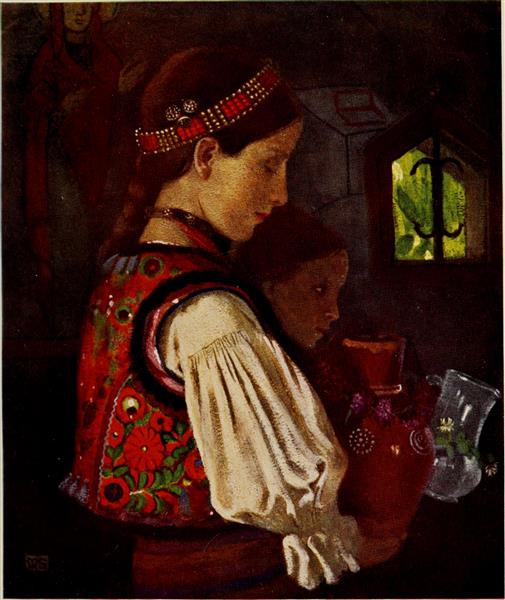 RUMANIAN CHILDREN BRINGING WATER TO BE BLESSED IN THE GREEK CHURCH, DESZE by Marianne Stokes Art Nouveau (Modern) Art dated 1909