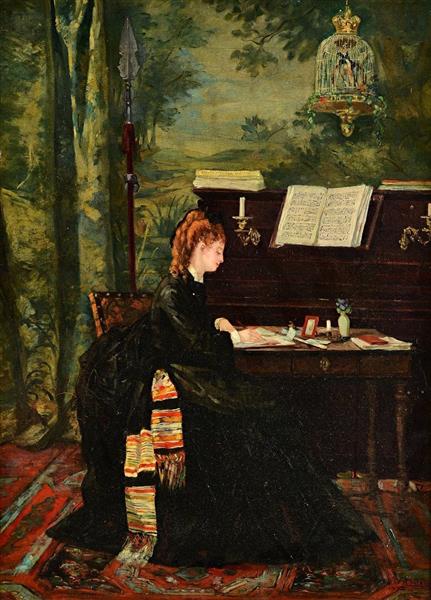 A Lady Seated at a Writing Desk by a Piano by Louise Abb&#233;ma dated 1872