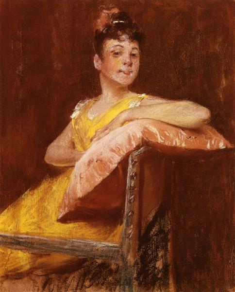 A Girl in Yellow (aka The Yellow Gown) by William Merritt Chase Impressionism Art dated 1900