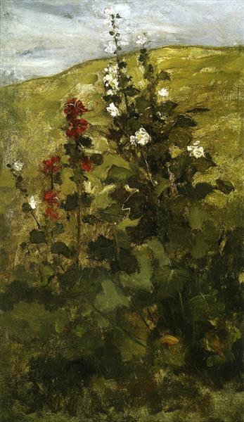 Hollyhocks by John Henry Twachtman Impressionism Art dated 1889