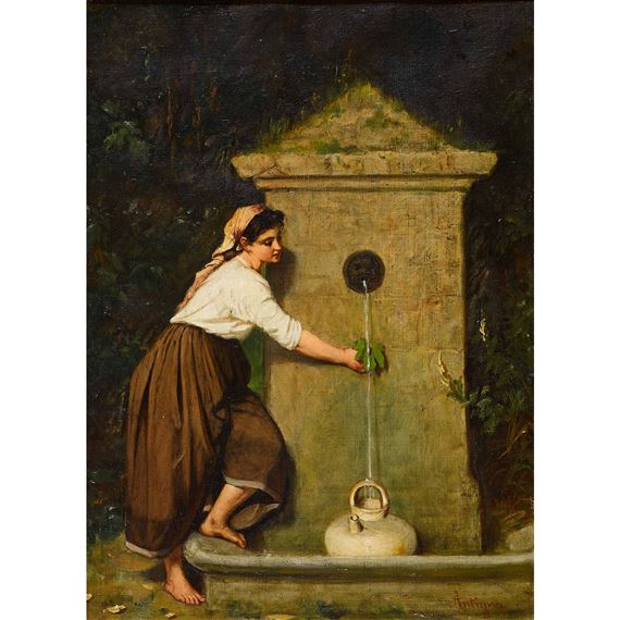 Young Girl at the Fountain by Alexandre Antigna Naturalism Art dated 1877