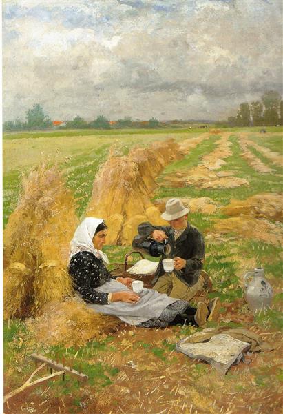 Lunch break in harvest time by Hugo M&#252;hlig Impressionism Art