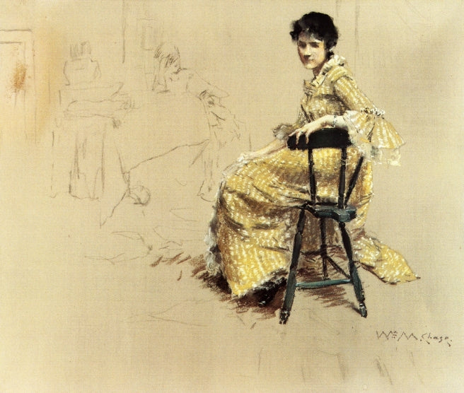 Seated Woman in Yello Striped Gown by William Merritt Chase Impressionism Art dated 1885