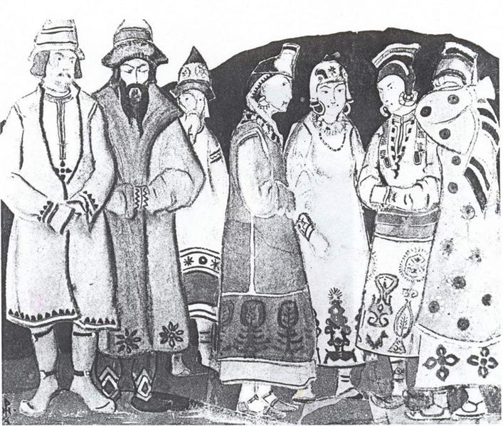 The scene with seven figures in costumes by Nicholas Roerich Art Nouveau (Modern) Art dated 1920