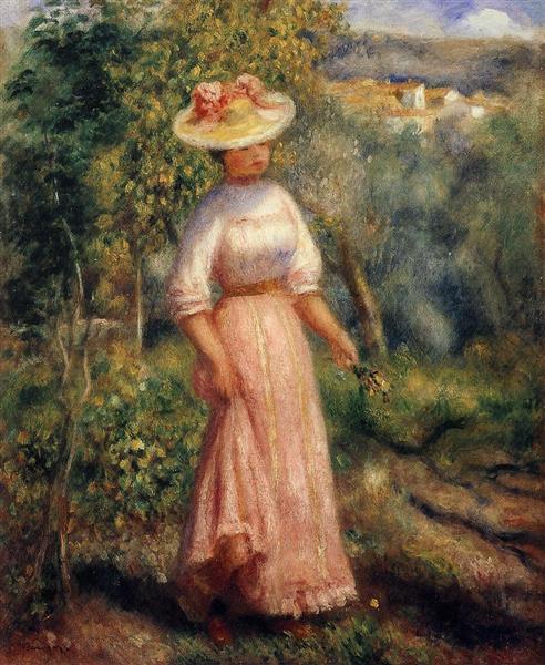 Young Woman in Red in the Fields by Pierre-Auguste Renoir Impressionism Art dated 1900