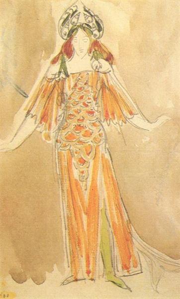 Volkhova, the sea princess (Costume design for the opera &quot;Sadko&quot;) by Mikhail Vrubel Art Nouveau (Modern) Art dated 1897